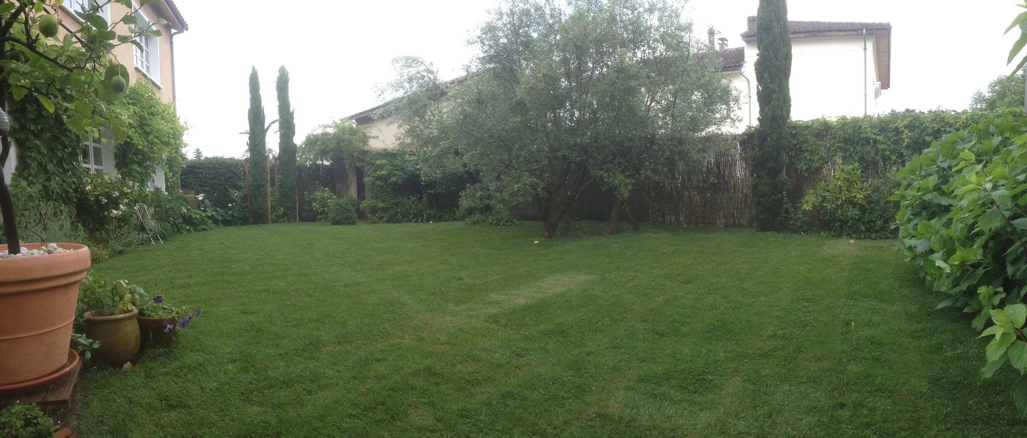 Jardin privé verdoyant entretenu par Pescay Gazon dans le Tarn avec pelouse, cyprès et maison entourée de plantes,